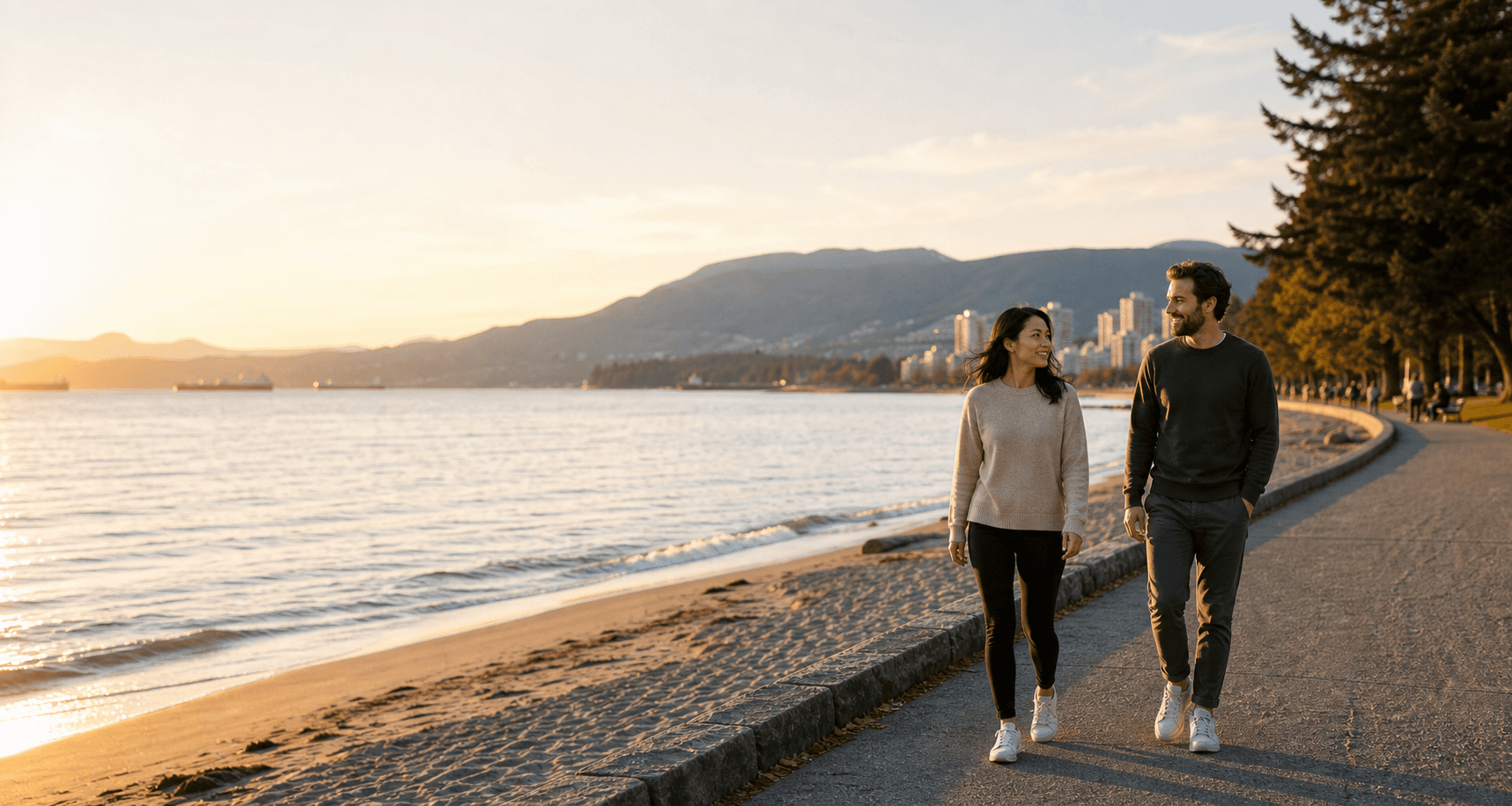 Two adults walking together along the Vancouver seawall at golden hour.
