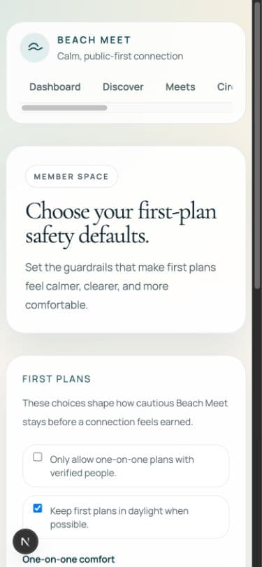 A clear public waterfront meeting plan shown as part of Beach Meet's safety flow.